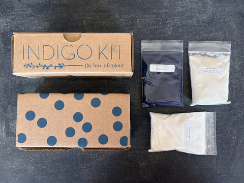 Indigo dye kit with packaging and materials