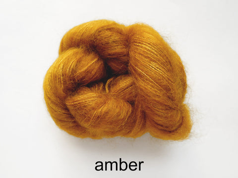 Lichen and Lace Marsh Mohair is a hand dyed mohair and silk lace yarn. It is available at The Knit Cafe in Toronto