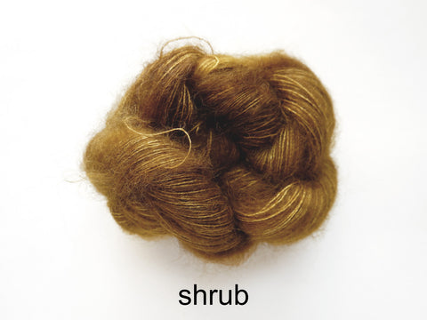 Lichen and Lace Marsh Mohair is a hand dyed mohair and silk lace yarn. It is available at The Knit Cafe in Toronto