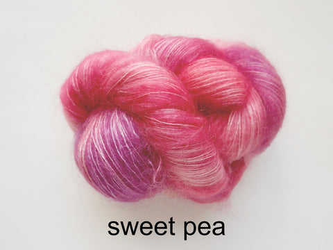 Lichen and Lace Marsh Mohair is a hand dyed mohair and silk lace yarn. It is available at The Knit Cafe in Toronto