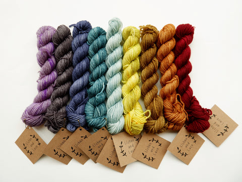 Lichen and Lace  sock weight yarn comes in mini skeins. They are available at the Knit Cafe in Toronto 