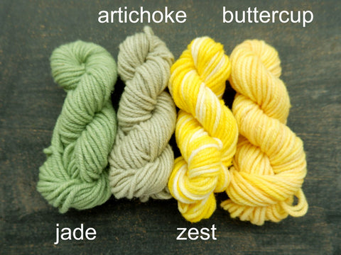 Canadian hand dyed wool from Fleece Artist . Woolen Wonder in mini skeins