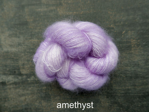Lichen and Lace Marsh Mohair is a hand dyed mohair and silk lace yarn. It is available at The Knit Cafe in Toronto