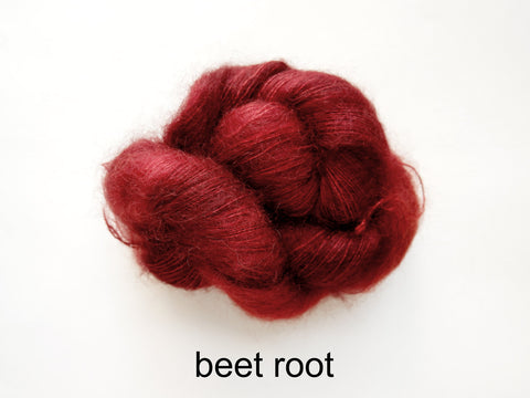 Lichen and Lace Marsh Mohair is a hand dyed mohair and silk lace yarn. It is available at The Knit Cafe in Toronto