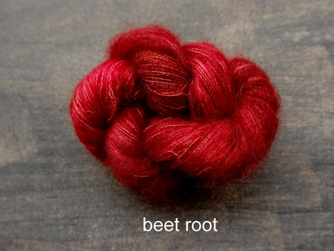 Lichen and Lace Marsh Mohair is a hand dyed mohair and silk lace yarn. It is available at The Knit Cafe in Toronto