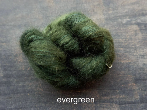 Lichen and Lace Marsh Mohair is a hand dyed mohair and silk lace yarn. It is available at The Knit Cafe in Toronto