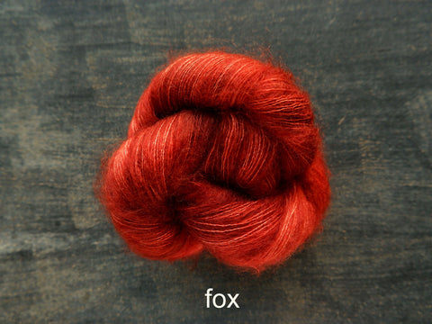 Lichen and Lace Marsh Mohair is a hand dyed mohair and silk lace yarn. It is available at The Knit Cafe in Toronto