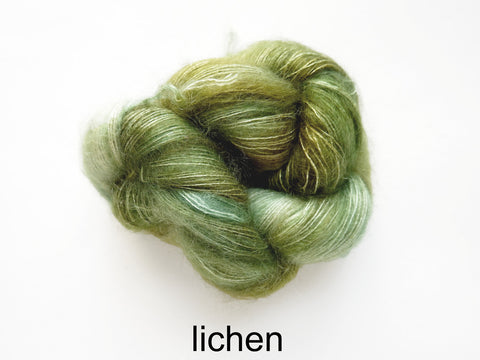 Lichen and Lace Marsh Mohair is a hand dyed mohair and silk lace yarn. It is available at The Knit Cafe in Toronto