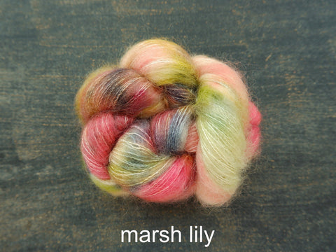 Lichen and Lace Marsh Mohair is a hand dyed mohair and silk lace yarn. It is available at The Knit Cafe in Toronto