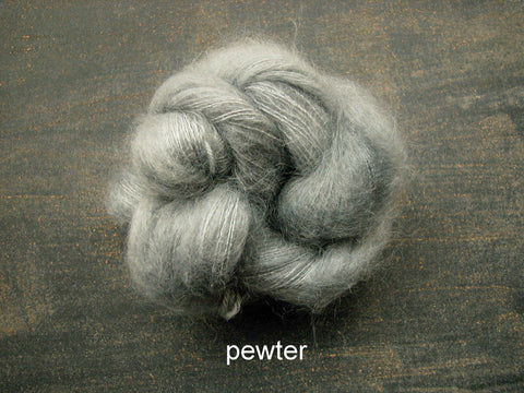 Lichen and Lace Marsh Mohair is a hand dyed mohair and silk lace yarn. It is available at The Knit Cafe in Toronto
