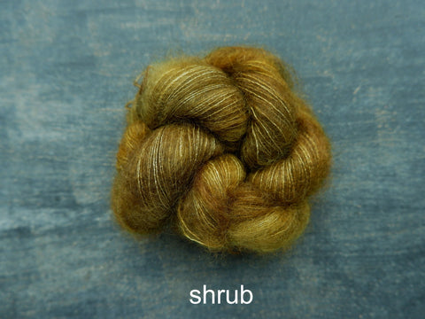 Lichen and Lace Marsh Mohair is a hand dyed mohair and silk lace yarn. It is available at The Knit Cafe in Toronto