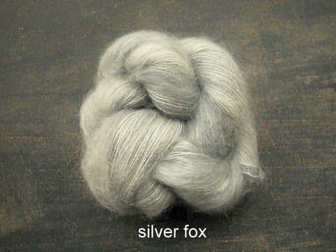 Lichen and Lace Marsh Mohair is a hand dyed mohair and silk lace yarn. It is available at The Knit Cafe in Toronto