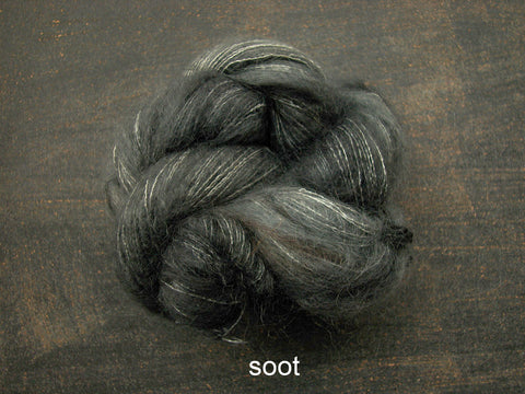 Lichen and Lace Marsh Mohair is a hand dyed mohair and silk lace yarn. It is available at The Knit Cafe in Toronto
