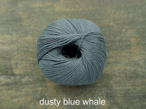 Knitting For Olive's Cotton Merino is a fine ,fingering weight yarn . Dusty Blue Whale